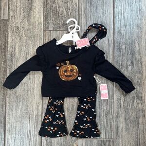 Halloween Baby Girl Outfit 18 Months Sequin Pumpkin‎ Hearts Top Bell Bottoms